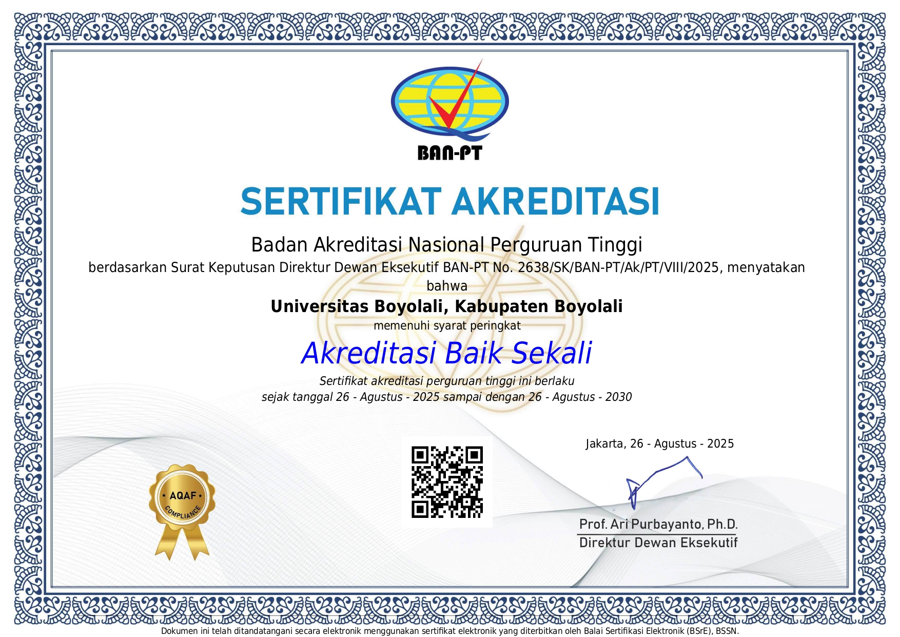 Sertifikat akreditasi institusi Universitas Boyolali dari BAN-PT dengan peringkat Baik Sekali