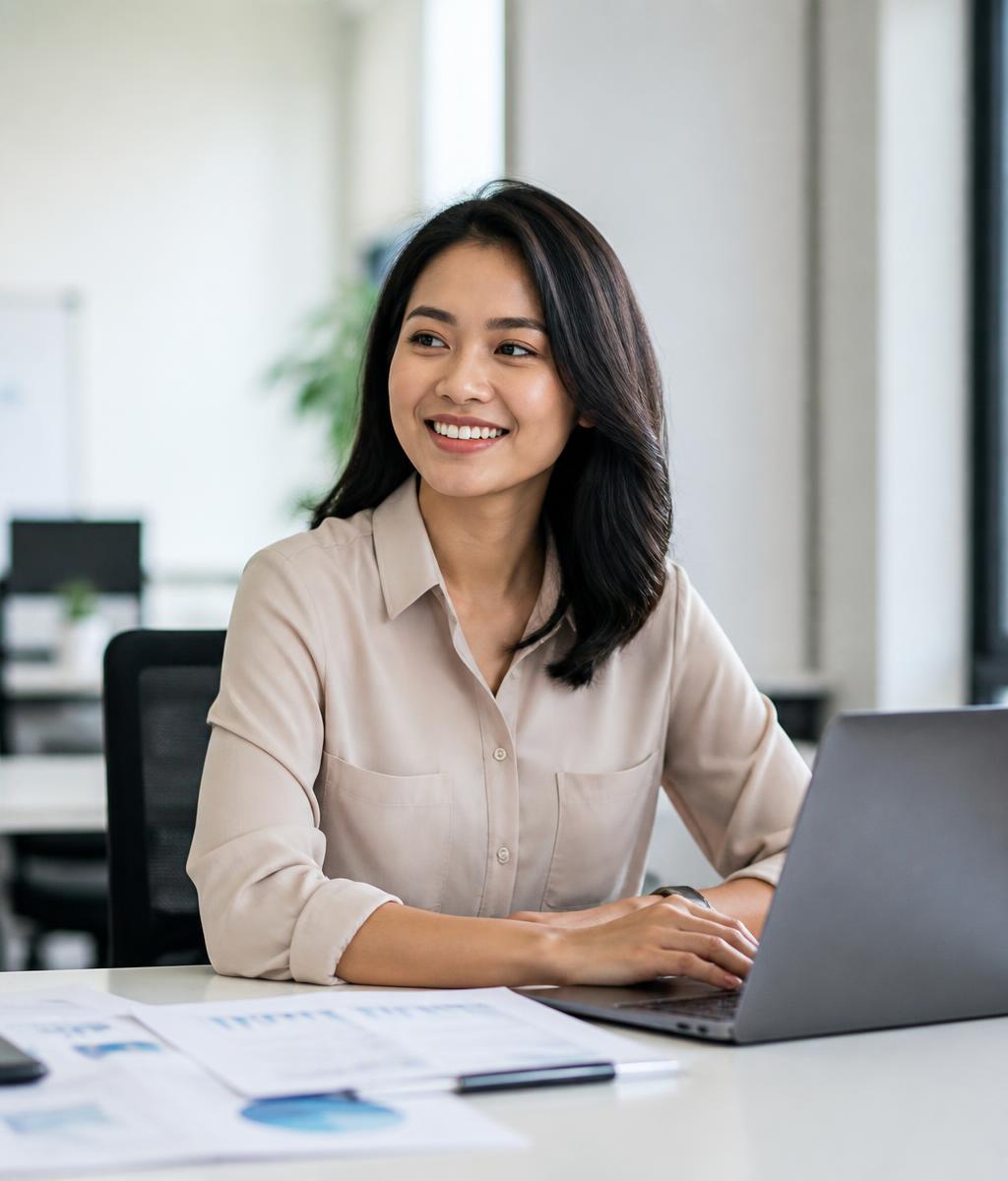 Seorang pekerja profesional Indonesia sedang bekerja dengan laptop dan dokumen di meja kerja